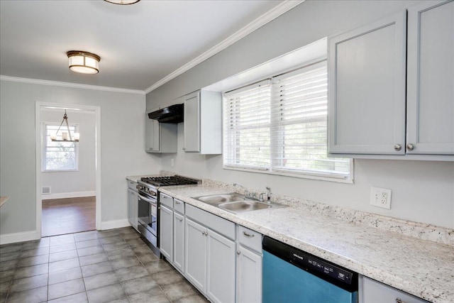 kitchen featuring stainless steel gas stove, dishwasher, crown molding, a sink, and exhaust hood