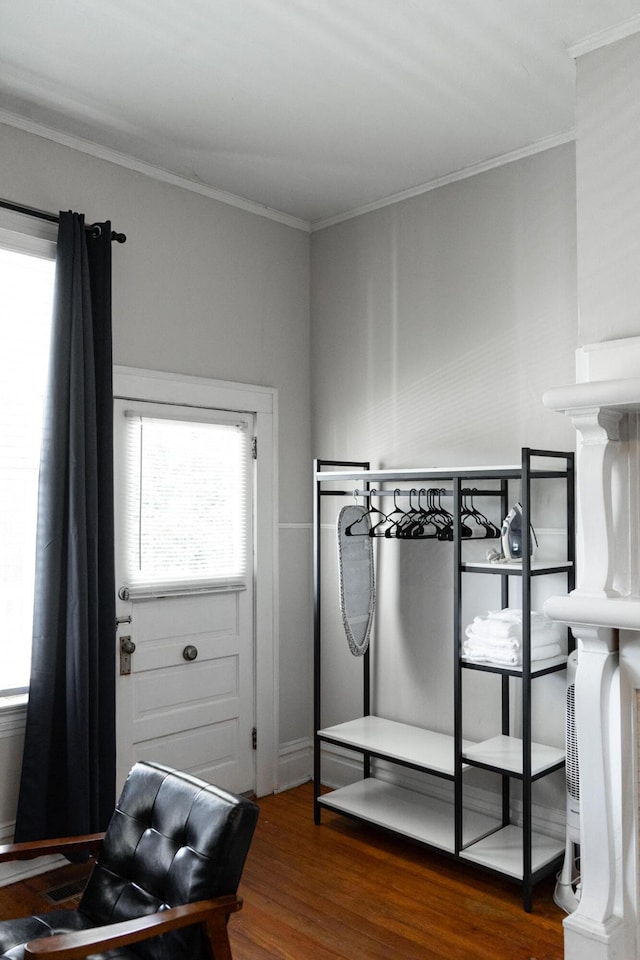 bedroom featuring ornamental molding, wood-type flooring, and multiple windows