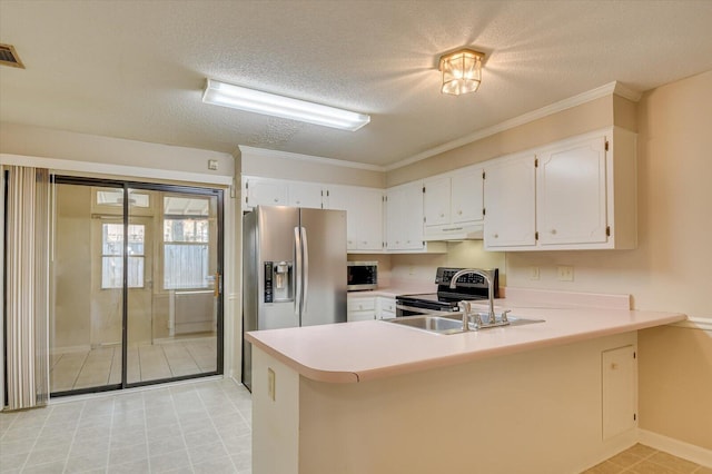 kitchen featuring under cabinet range hood, stainless steel appliances, a peninsula, white cabinets, and light countertops