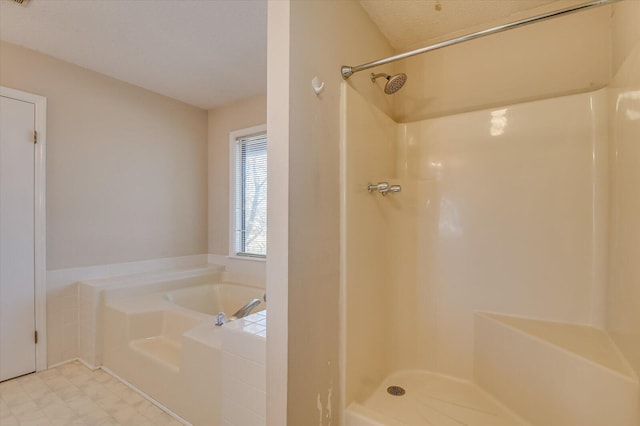 full bath with tile patterned floors, a bath, visible vents, and walk in shower