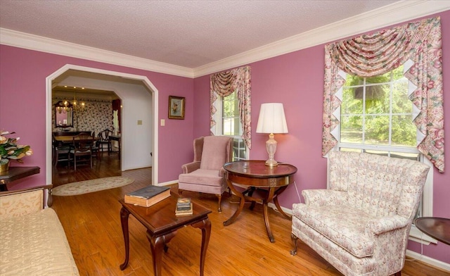 sitting room featuring ornamental molding, arched walkways, wood finished floors, and a textured ceiling