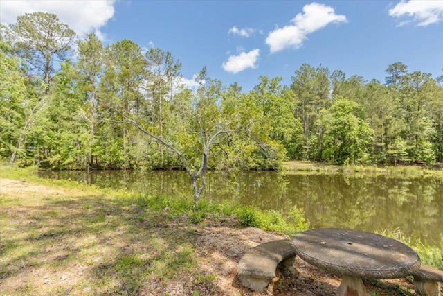 exterior space featuring a water view and a wooded view