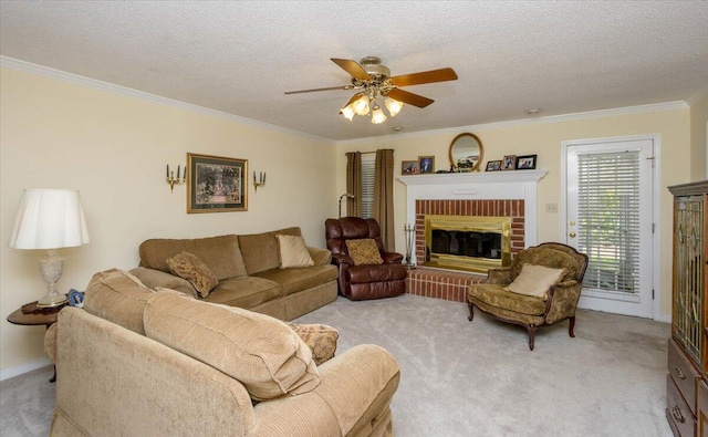 living area with light colored carpet, a ceiling fan, ornamental molding, and a brick fireplace