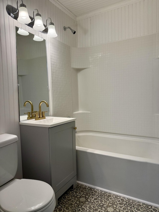 bathroom featuring toilet, shower / washtub combination, crown molding, and vanity