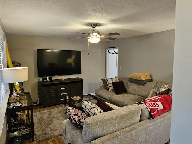 living room featuring ceiling fan, hardwood / wood-style floors, and a textured ceiling