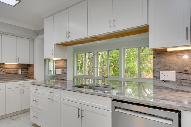 2417 Wilkshire Dr, Augusta, GA 30904 - kitchen with marble finish floor, ornamental molding, tasteful backsplash, a sink, and stainless steel dishwasher