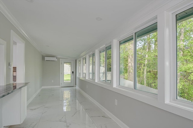 2417 Wilkshire Dr, Augusta, GA 30904 - unfurnished sunroom featuring baseboards, marble finish floor, ornamental molding, and an AC wall unit