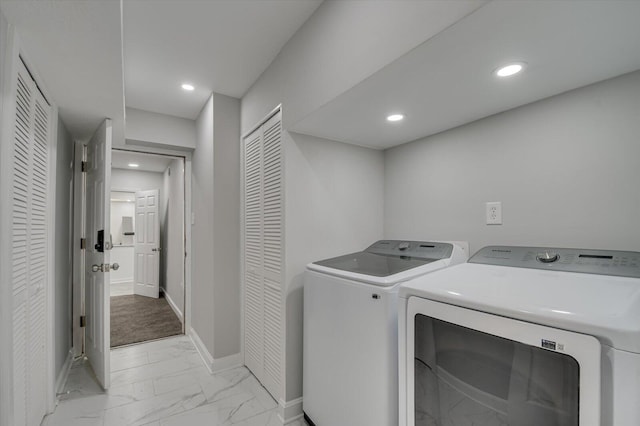 2417 Wilkshire Dr, Augusta, GA 30904 - clothes washing area featuring recessed lighting, baseboards, marble finish floor, washer and dryer, and laundry area