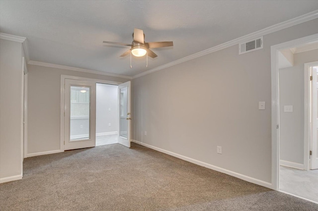 2417 Wilkshire Dr, Augusta, GA 30904 - carpeted empty room with baseboards, visible vents, ornamental molding, and a ceiling fan