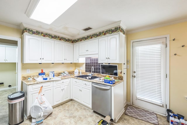 3758 Boulder Trl, Augusta, GA 30907 - kitchen with stainless steel dishwasher, white cabinets, ornamental molding, and light stone countertops