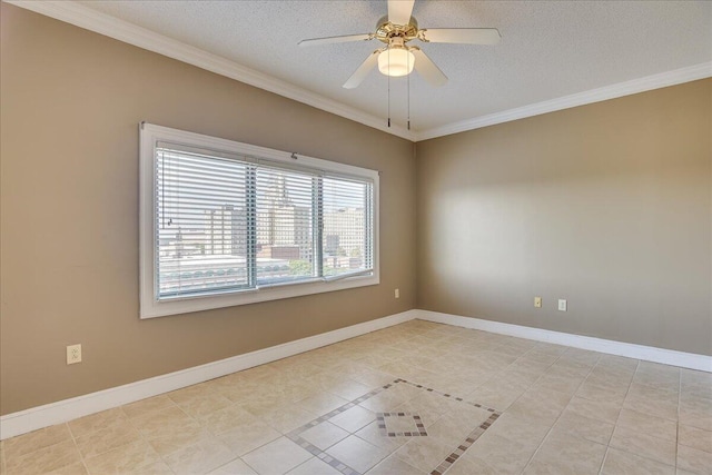 tiled empty room with a textured ceiling, ceiling fan, and crown molding