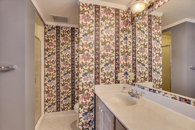 bathroom with tile patterned floors, walk in shower, a textured ceiling, and toilet