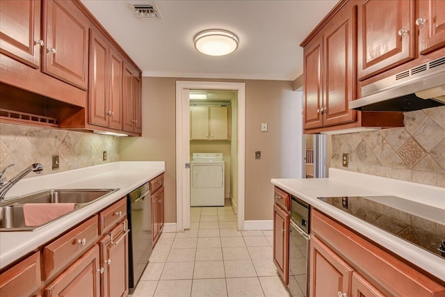 kitchen with dishwasher, sink, crown molding, black electric stovetop, and light tile patterned floors