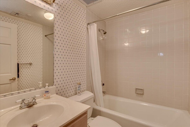 full bathroom featuring vanity, a textured ceiling, toilet, and shower / bathtub combination with curtain