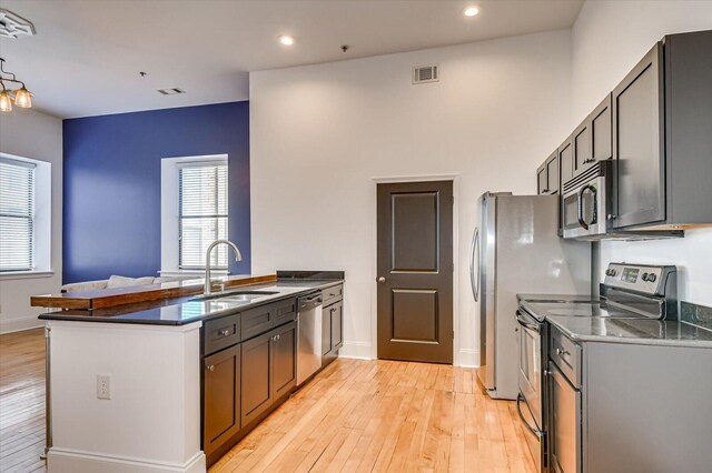 kitchen featuring light hardwood / wood-style floors, sink, kitchen peninsula, and stainless steel appliances