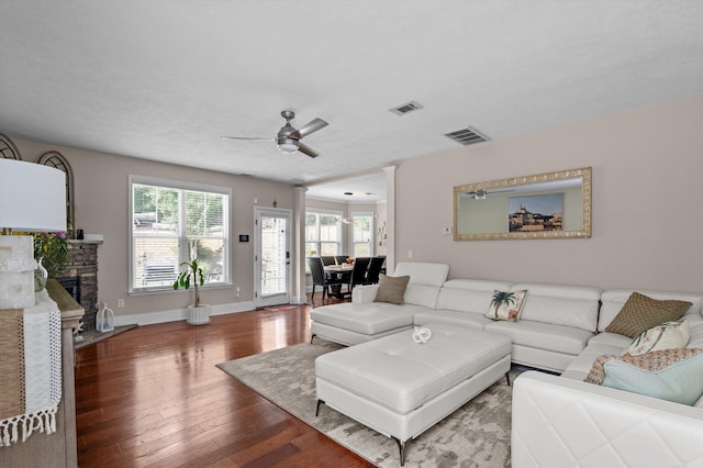 1610 Cedar Hill Dr, Grovetown, GA 30813 - living room featuring ceiling fan, wood finished floors, and a fireplace