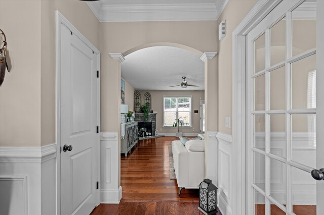 1610 Cedar Hill Dr, Grovetown, GA 30813 - hall featuring arched walkways, dark wood-style floors, and ornamental molding