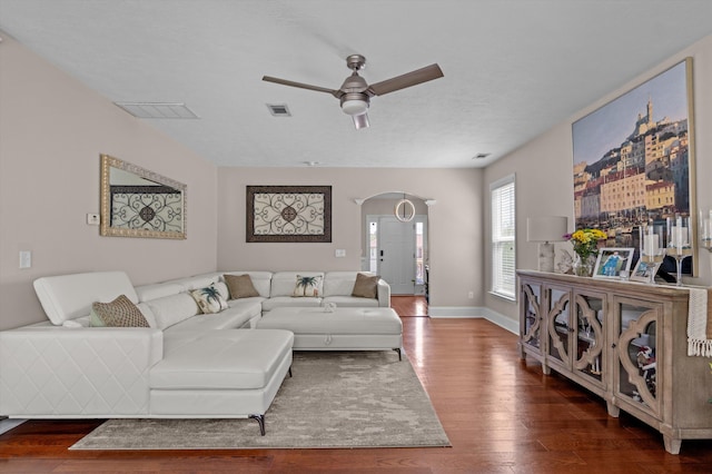 1610 Cedar Hill Dr, Grovetown, GA 30813 - living area with wood finished floors, arched walkways, and a ceiling fan