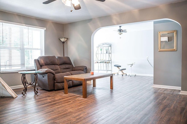 1410 Summit Way, Grovetown, GA 30813 - living room with a ceiling fan, arched walkways, wood finished floors, and a wall mounted AC
