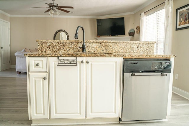 1410 Summit Way, Grovetown, GA 30813 - kitchen with stainless steel dishwasher, light wood-style floors, a ceiling fan, crown molding, and light stone countertops