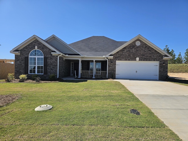 view of front of house with a front yard, a porch, and a garage