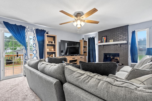 3758 Pine Ridge Run, Martinez, GA 30907 - living room featuring ceiling fan, carpet floors, and a fireplace