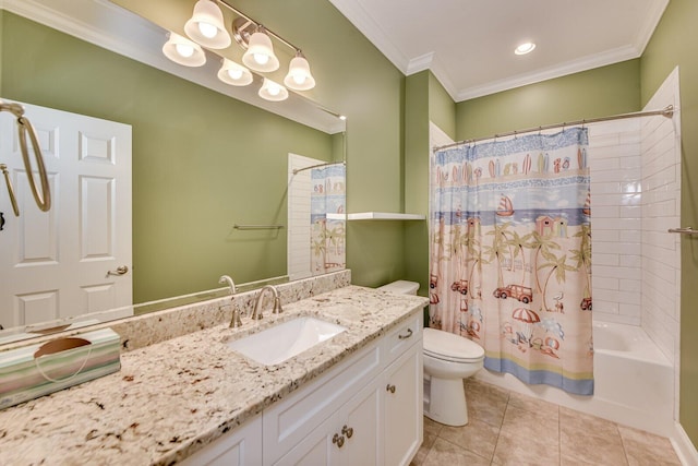 full bathroom featuring shower / tub combo with curtain, crown molding, vanity, tile patterned floors, and toilet