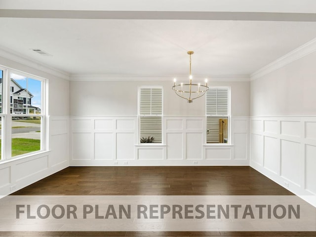 unfurnished dining area with a chandelier, dark hardwood / wood-style floors, and crown molding