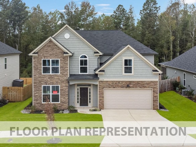 craftsman-style home with a garage, central air condition unit, and a front lawn