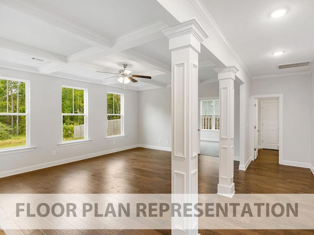 spare room with coffered ceiling, ceiling fan, ornate columns, ornamental molding, and beam ceiling