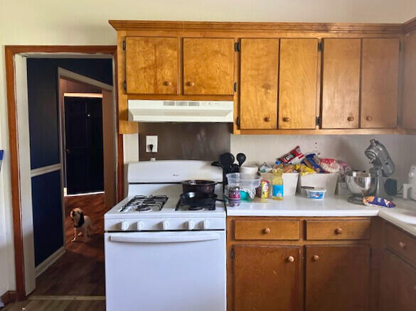 kitchen with white gas stove and dark wood-type flooring