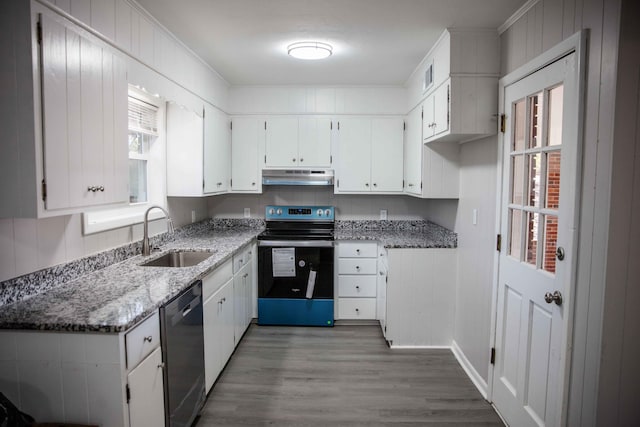 kitchen with white cabinetry, dishwasher, sink, and range with electric stovetop