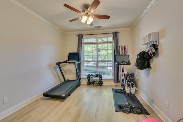 421 Armstrong Way, Evans, GA 30809 - workout area with wood finished floors, baseboards, ornamental molding, and a ceiling fan
