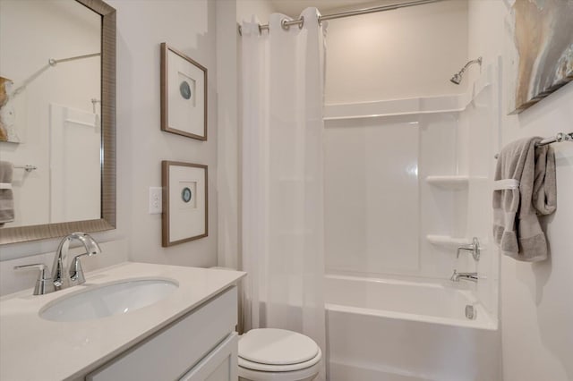 full bathroom with shower / bath combination with curtain, toilet, decorative backsplash, and vanity