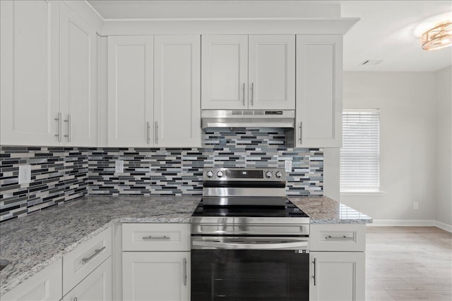 239 Walker St, Augusta, GA 30901 - kitchen with stainless steel electric range, under cabinet range hood, baseboards, light wood-style flooring, and tasteful backsplash