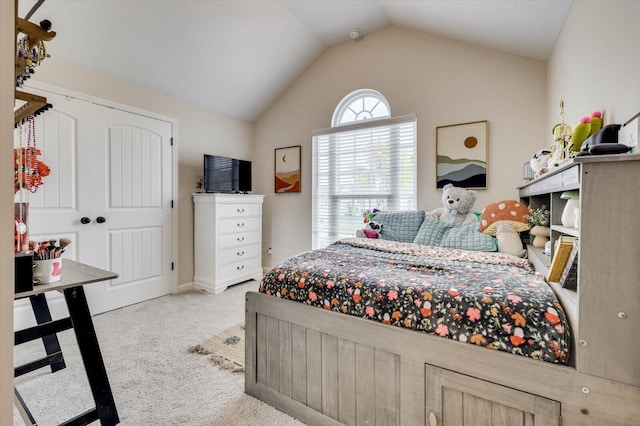 carpeted bedroom with lofted ceiling and a closet