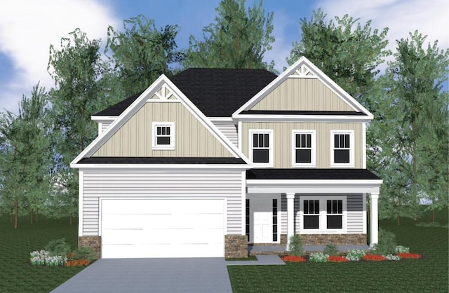 view of front facade featuring a garage, stone siding, board and batten siding, and driveway