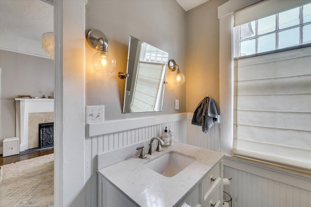1202 Hickman Rd, Augusta, GA 30904 - bathroom with plenty of natural light, vanity, wainscoting, and a fireplace