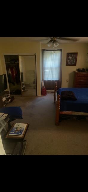 bedroom featuring carpet flooring and ceiling fan