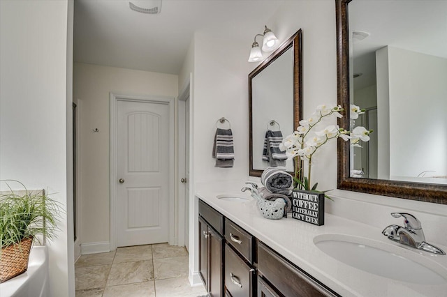 full bath with a sink, an enclosed shower, a bath, and double vanity