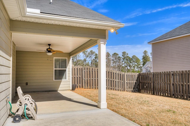 view of patio / terrace featuring a fenced backyard and ceiling fan