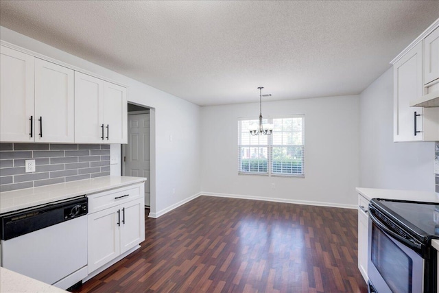 kitchen with white dishwasher, dark wood-style flooring, light countertops, a chandelier, and a textured ceiling