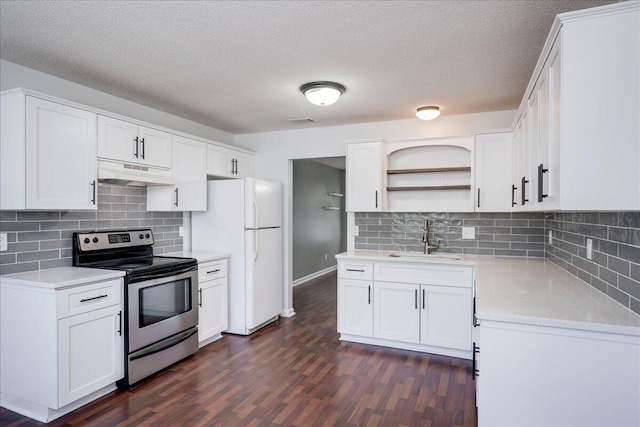 kitchen with stainless steel electric range, a sink, under cabinet range hood, freestanding refrigerator, and open shelves