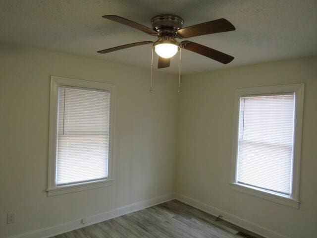 spare room featuring a wealth of natural light, ceiling fan, and light hardwood / wood-style floors