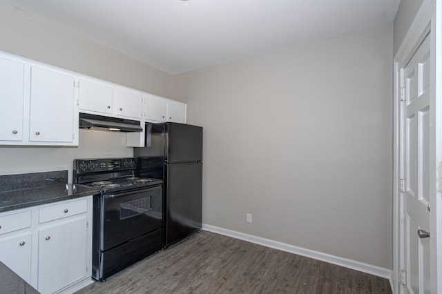 kitchen featuring black appliances, dark hardwood / wood-style flooring, and white cabinets