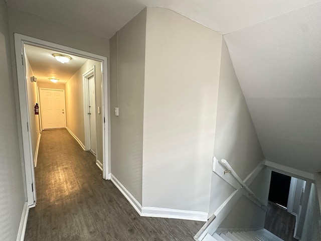 hallway featuring dark hardwood / wood-style flooring and vaulted ceiling