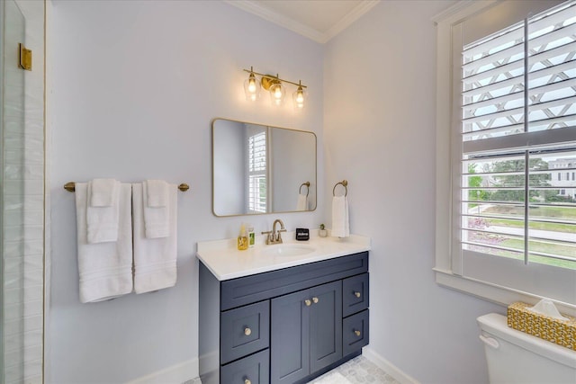 full bath with toilet, vanity, baseboards, and ornamental molding