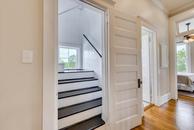 staircase with a ceiling fan, wood-type flooring, ornamental molding, and baseboards