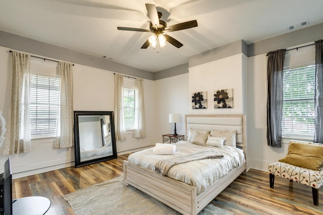 bedroom with ceiling fan and wood-type flooring