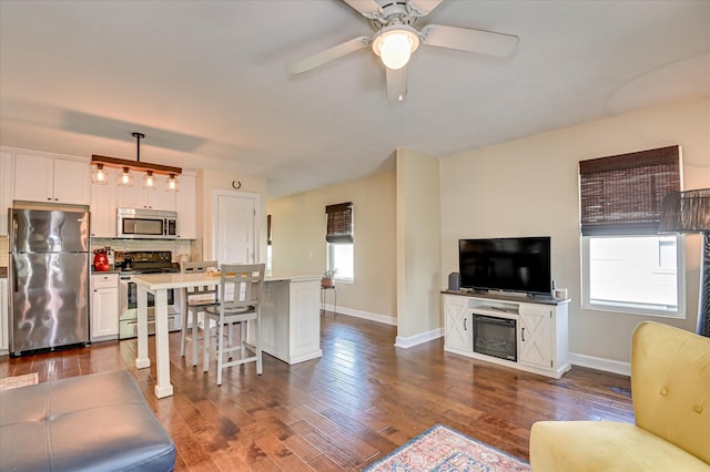 2010 Battle, Augusta, GA 30904 - living room featuring a ceiling fan, a glass covered fireplace, and dark wood-style flooring